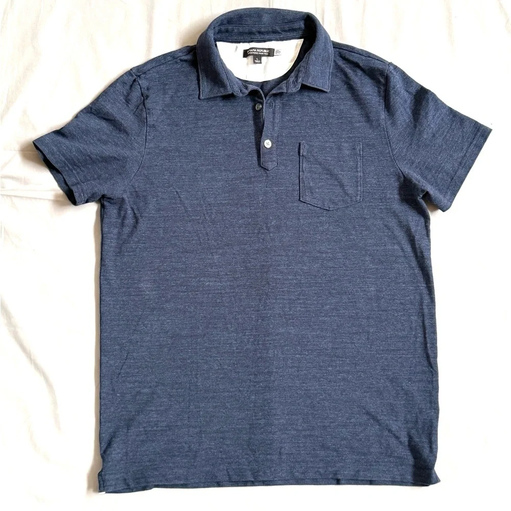 Banana Republic Mens Performance Pique Polo Shirt Navy Blue Heather Large Pocket
